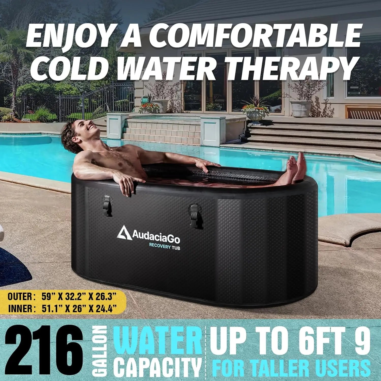 XXL Ice Bath Tub for Athletes, Compatible with Water Chillers, 216-Gallon Inflatable Cold Plunge Tub with Insulated Lid, Thermom
